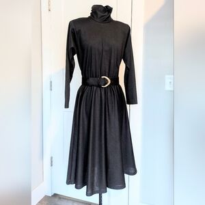 Vintage Sunshine Starshine Womens Dress Size 10P Black High Neck Flared Belted